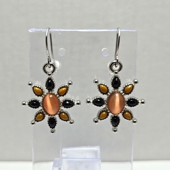 Vintage CHAPS Silvertone Flower Dangle Pierced Earrings Black Taupe Brown Stone - Picture 1 of 8